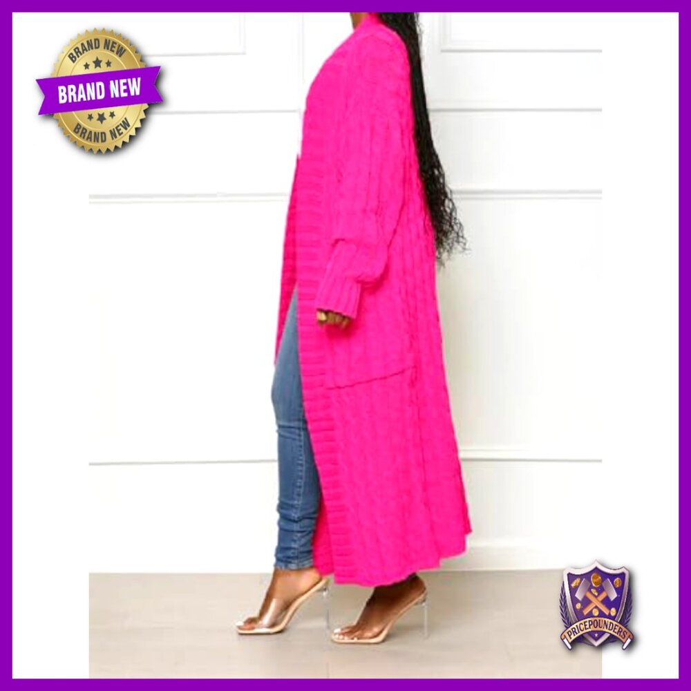 Chunky Cable Knit Cardigan with Pockets, Maxi Length, Oversized Fit - Picture 3 of 7